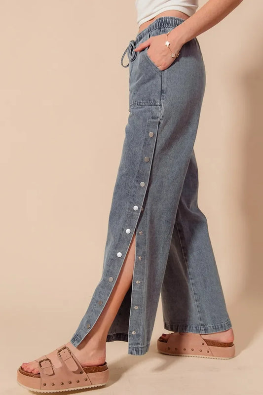 Mid Rise Drawstring Jeans with Side Snap Button - Eva's Edition