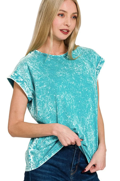 Crinkle Washed Round Neck Folded Short Sleeve Tee - Eva's Edition