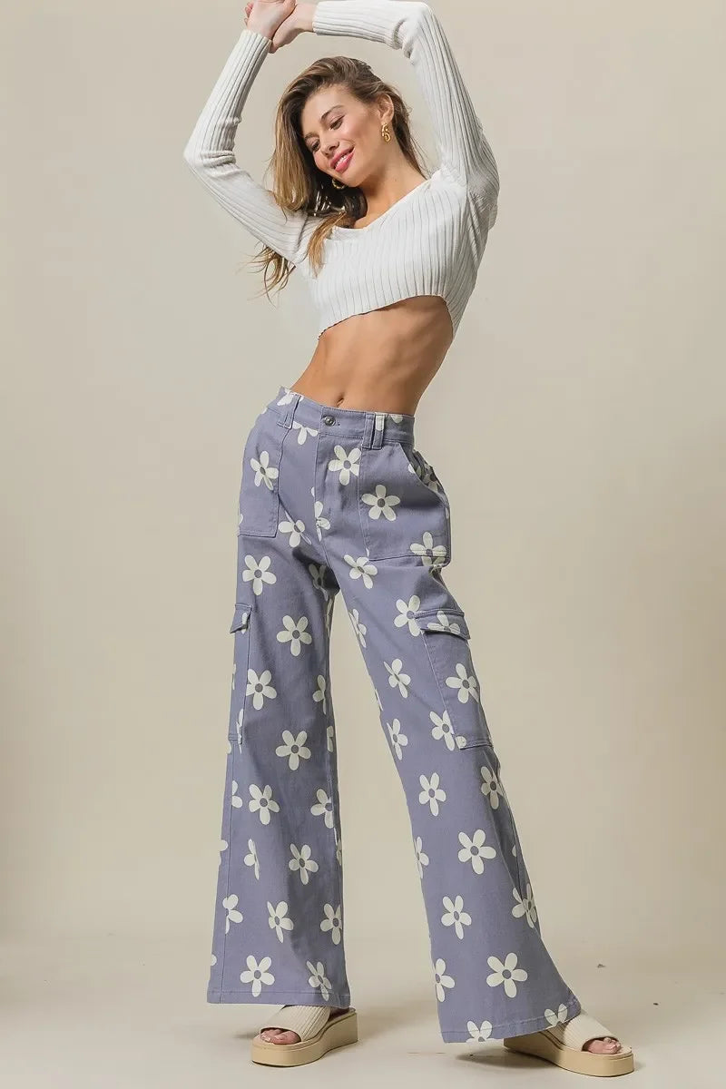 Flower Printed Side Pocket Wide Pants - Eva's Edition