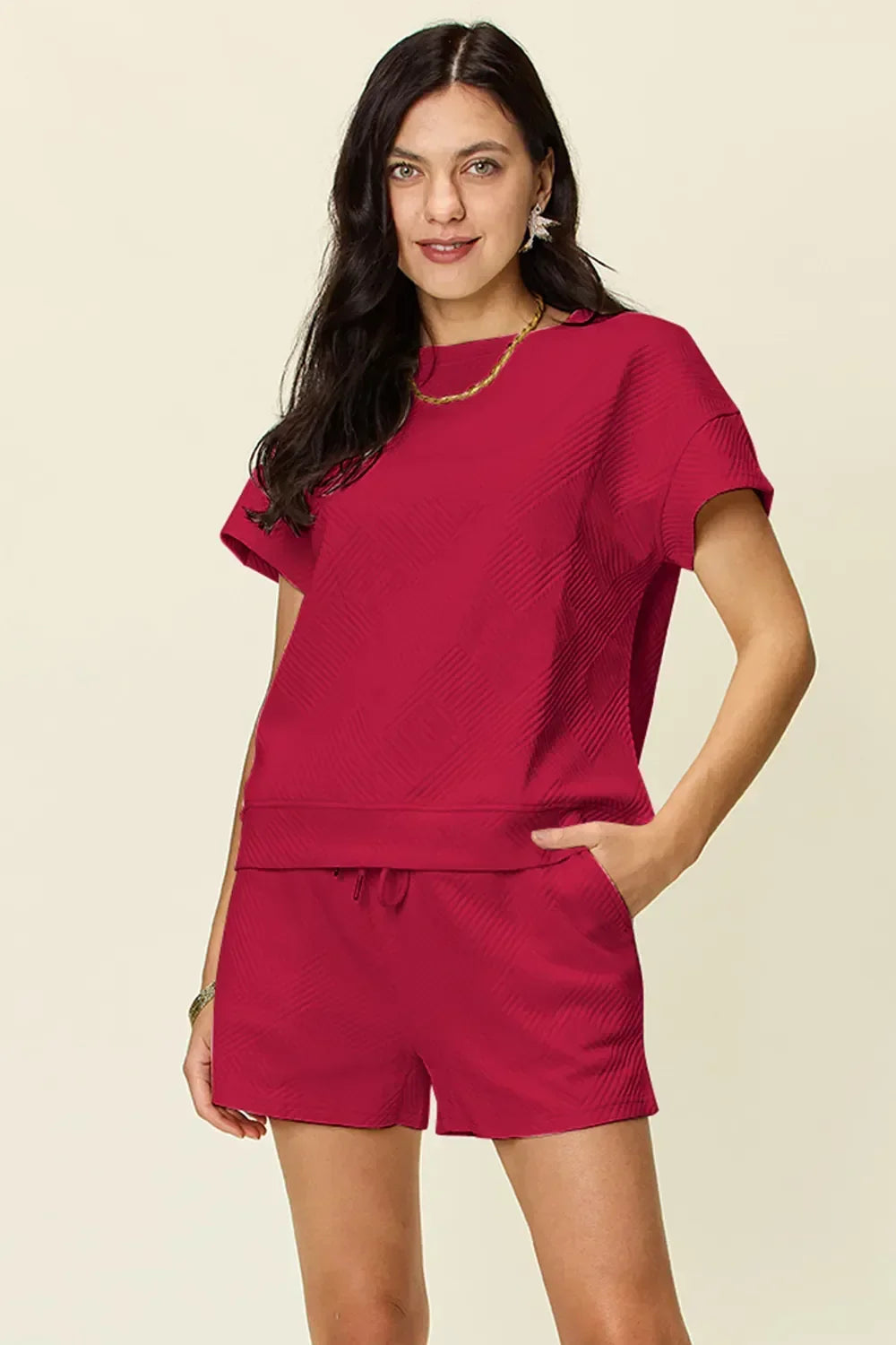 Textured Short Sleeve T-Shirt and Drawstring Shorts Set - Eva's Edition