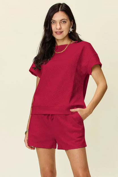 Textured Short Sleeve T-Shirt and Drawstring Shorts Set - Eva's Edition