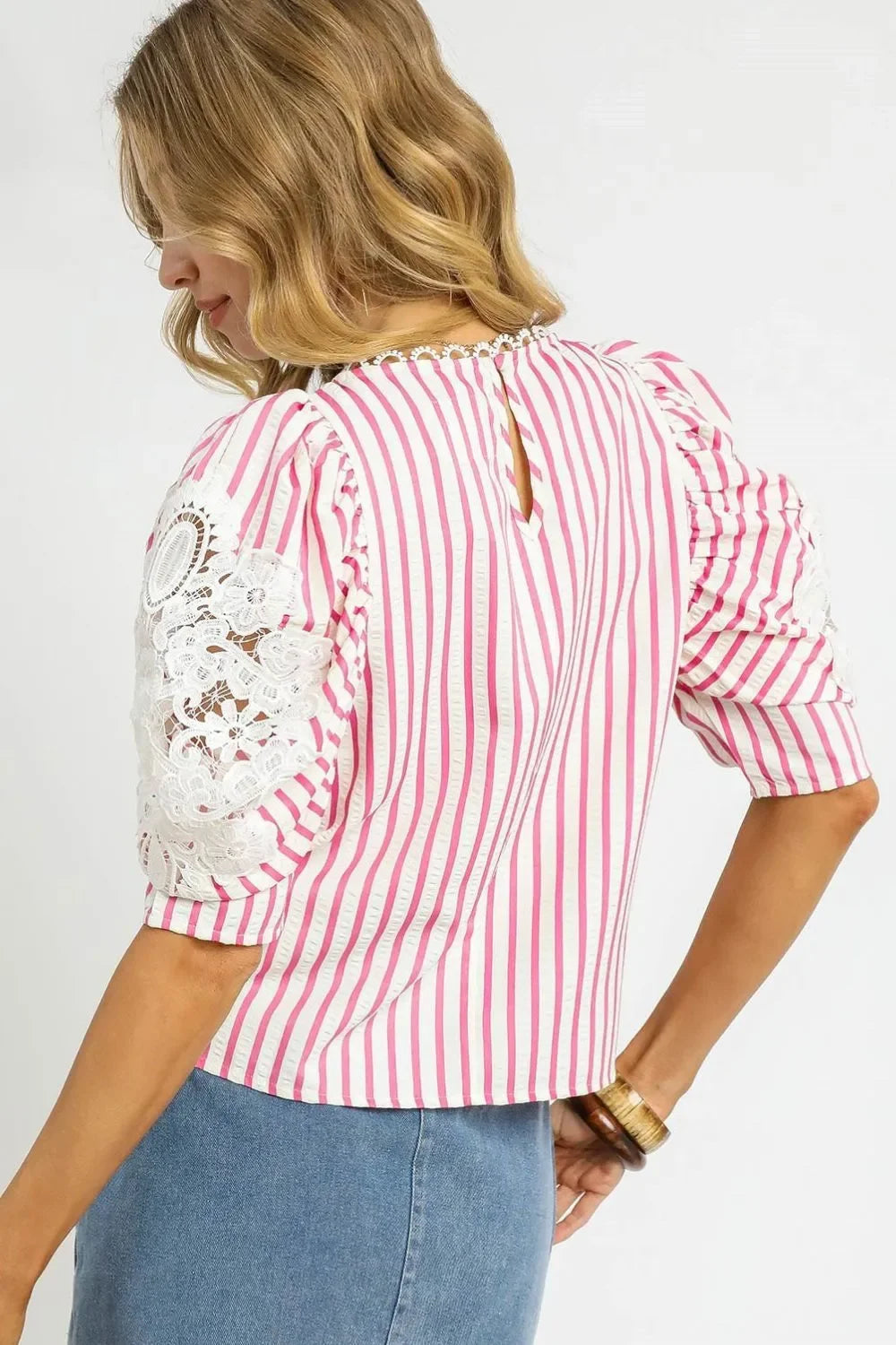 Striped Lace Puff Sleeve Blouse - Eva's Edition