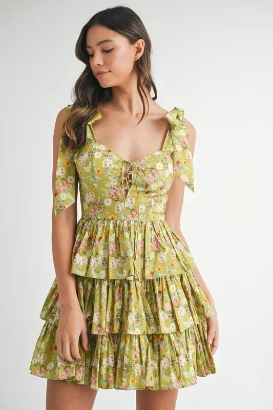 Floral Print Shoulder Tie Layered Mini Dress - Eva's Edition