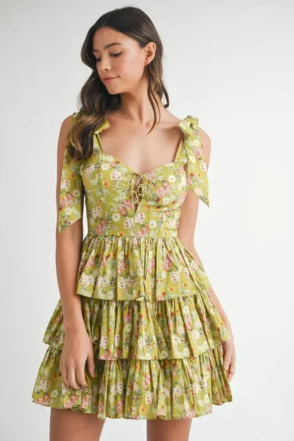 Floral Print Shoulder Tie Layered Mini Dress - Eva's Edition