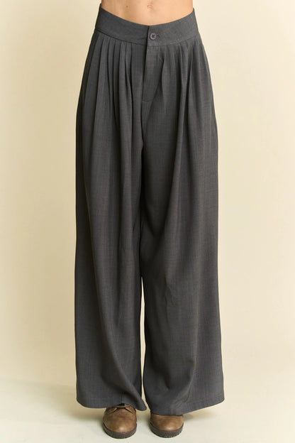 Solid Back Pocket Shirring Detail Wide Leg Pants - Eva's Edition