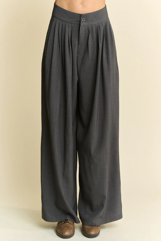 Solid Back Pocket Shirring Detail Wide Leg Pants - Eva's Edition