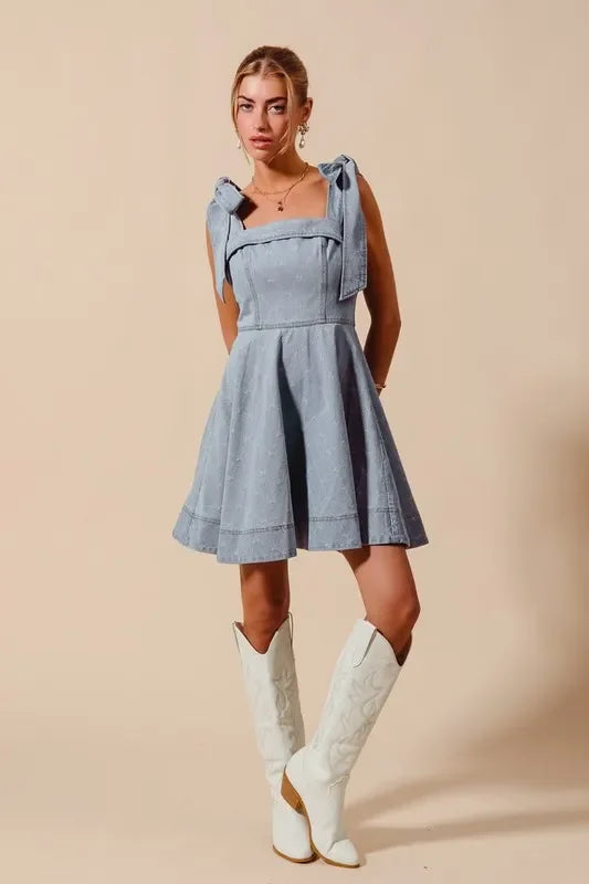Diamond Bow Ribbon Denim Dres - Eva's Edition