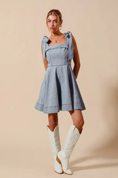 Diamond Bow Ribbon Denim Dres - Eva's Edition