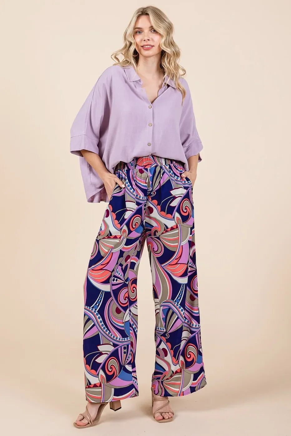 Abstract Print Elastic Waist Wide Leg Pants - Eva's Edition