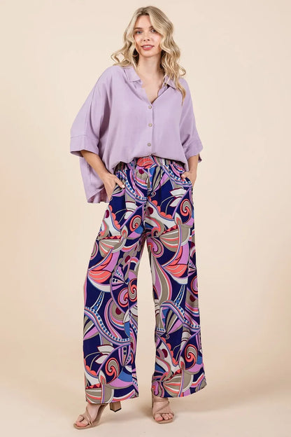 Abstract Print Elastic Waist Wide Leg Pants - Eva's Edition