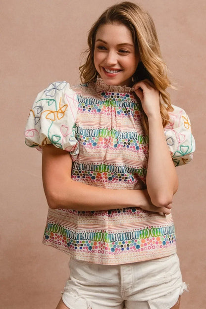 Ruffle Neckline Blouse with Embroidery Bubble Sleeve - Eva's Edition