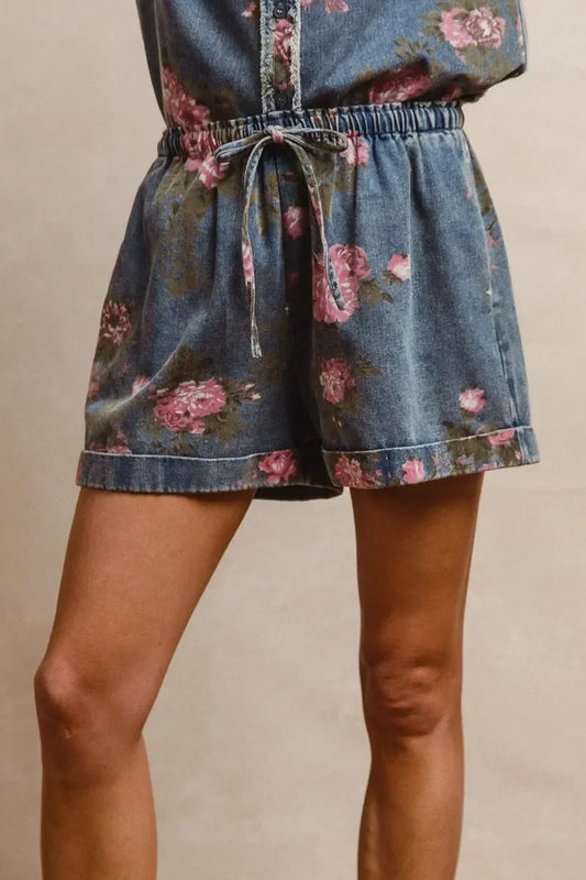 Printed Denim Short Pants With Pocket - Eva's Edition