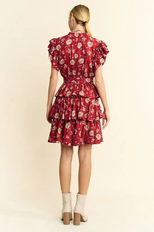 Ruffle Flutter Sleeve Tie Belt Tiered Mini Dress - Eva's Edition