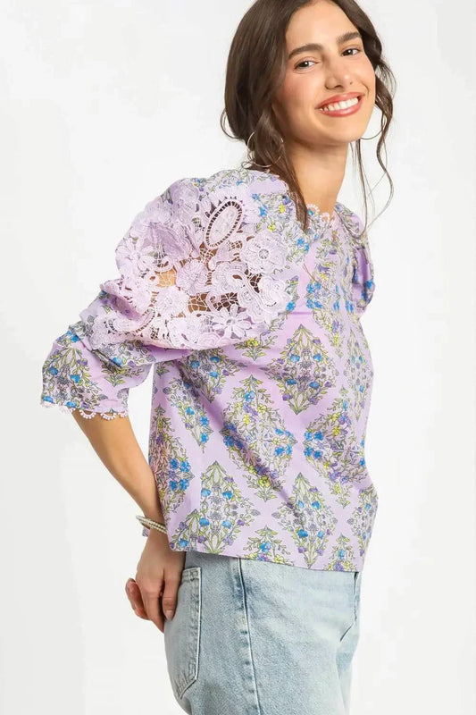 Printed Lace Puff Sleeve Blouse - Eva's Edition