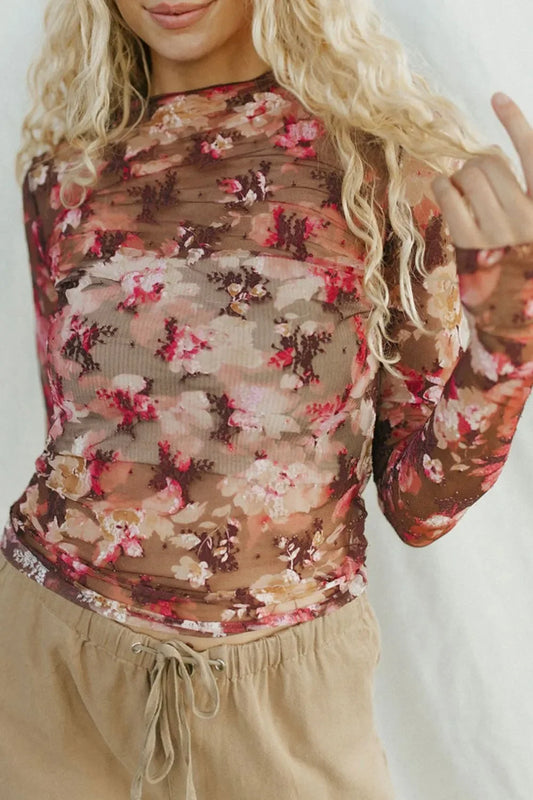 Floral Mock Neck Long Sleeve Sheer Top - Eva's Edition