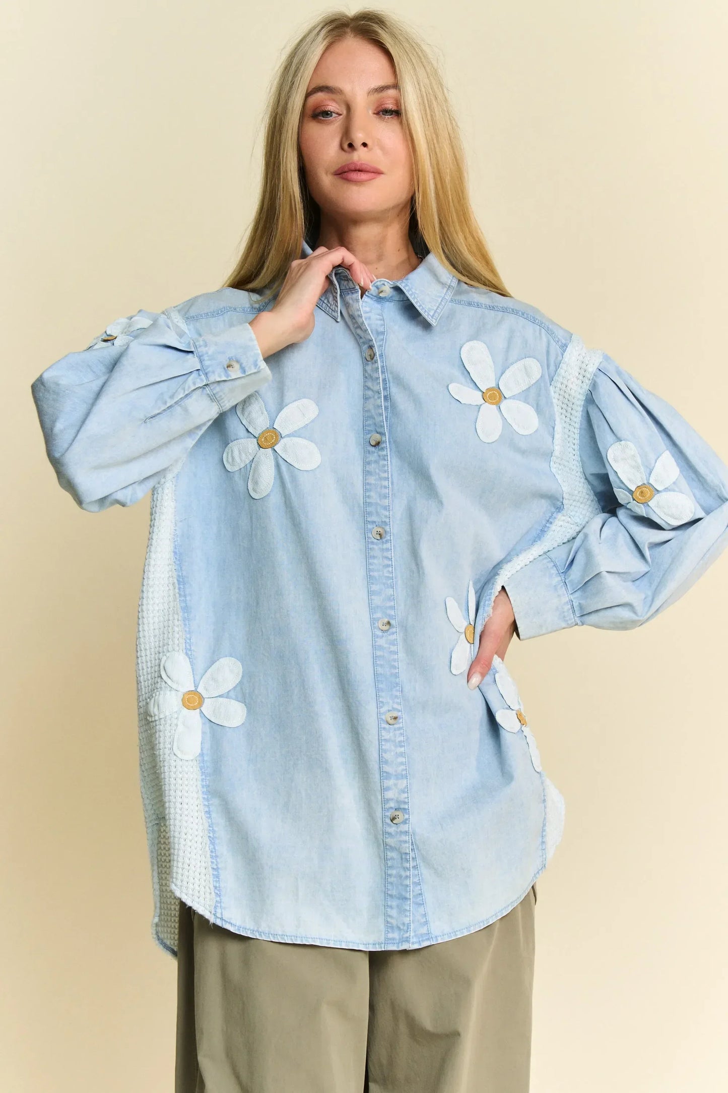 Lightweight Washed Daisy Patch Waffle Knit Shirt - Eva's Edition