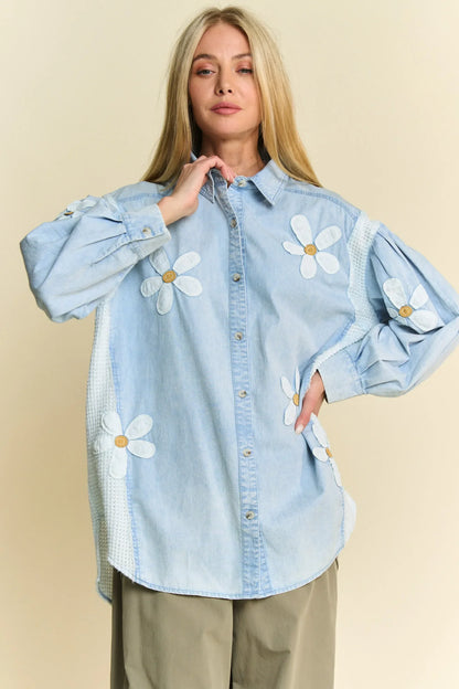 Lightweight Washed Daisy Patch Waffle Knit Shirt - Eva's Edition