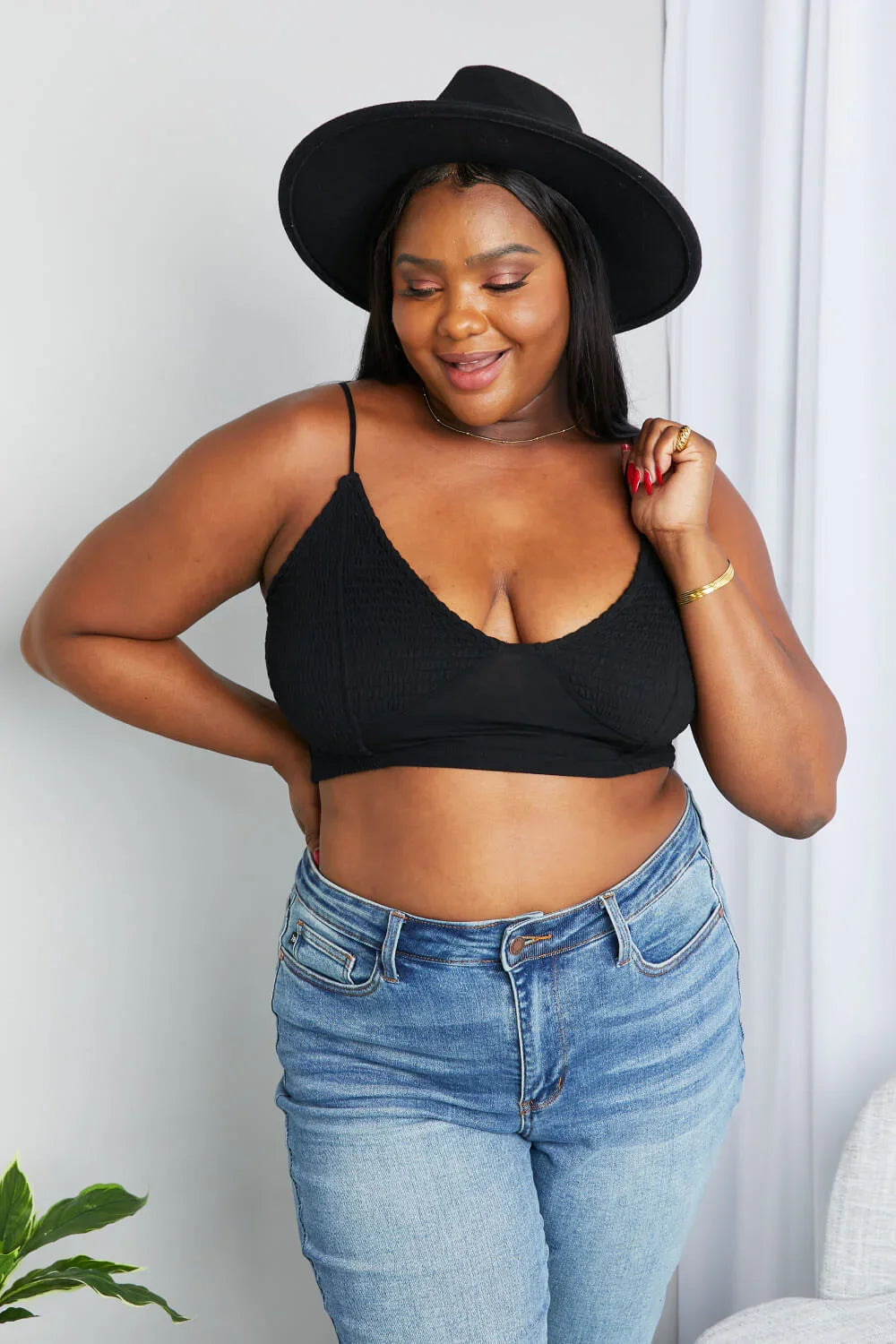 Textured Spaghetti Strap Bralette in Black - Eva's Edition