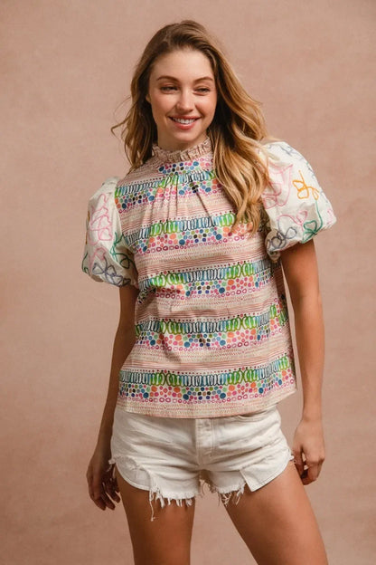 Ruffle Neckline Blouse with Embroidery Bubble Sleeve - Eva's Edition
