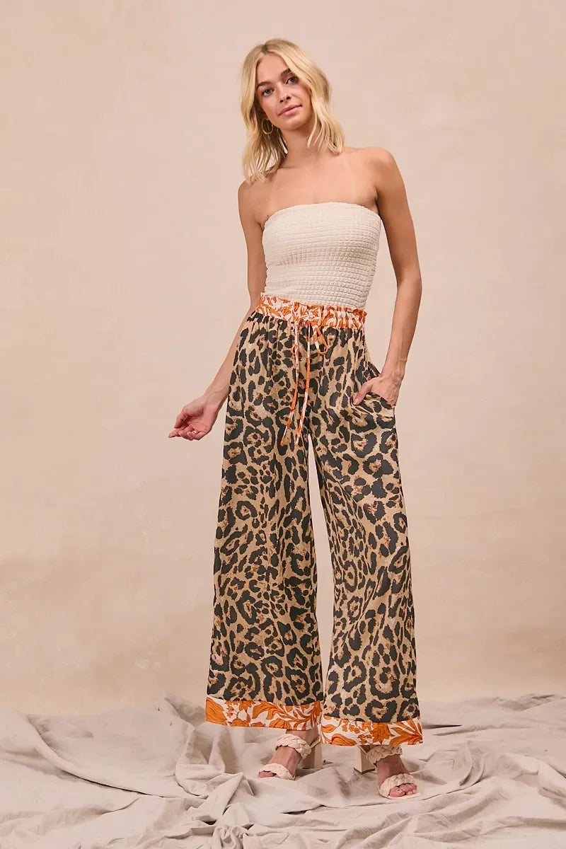 Leopard Print With Contrast Banded Wide Pants - Eva's Edition