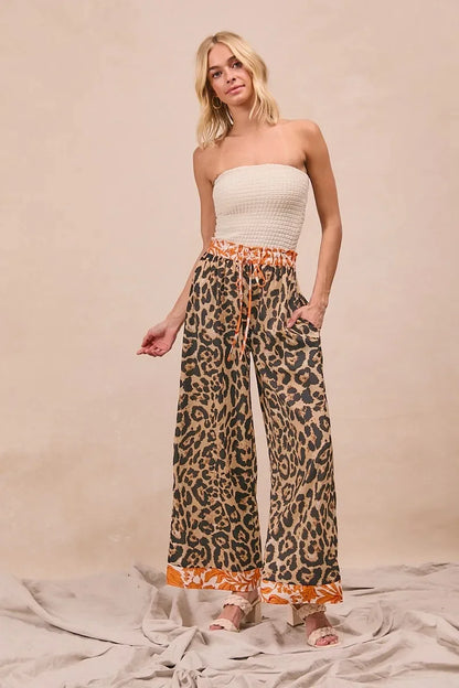 Leopard Print With Contrast Banded Wide Pants - Eva's Edition