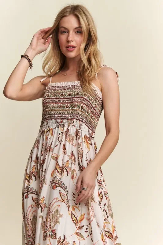 Smocked Printed Square Necktie Shoulder Cami Dress - Eva's Edition