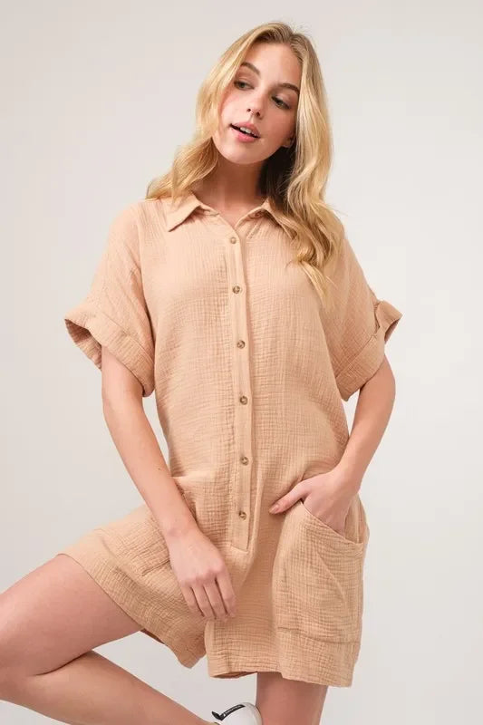 Gauze Roll-up Sleeve Comfort Utility Romper - Eva's Edition