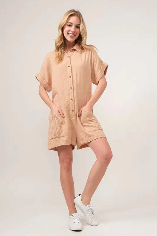 Gauze Roll-up Sleeve Comfort Utility Romper - Eva's Edition