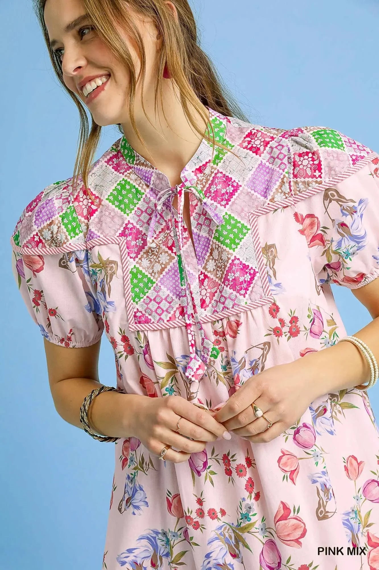 Floral Print Tie Neck Puff Sleeve Dress - Eva's Edition