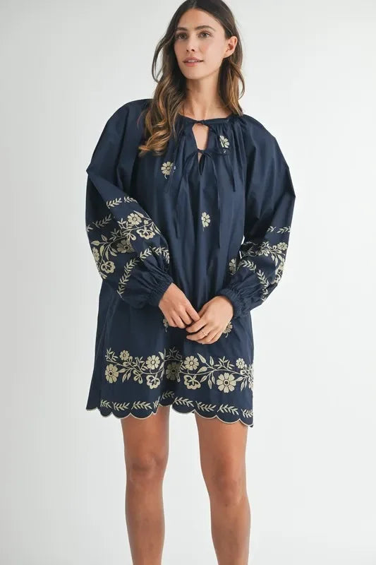 Embroidered Long Sleeve Peasant Mini Dress - Eva's Edition