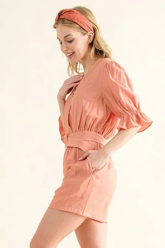 Flounce Sleeves Romper with Belt - Eva's Edition