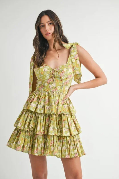 Floral Print Shoulder Tie Layered Mini Dress - Eva's Edition