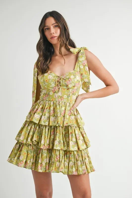 Floral Print Shoulder Tie Layered Mini Dress - Eva's Edition