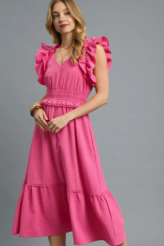 V-Neck Ruffled Cap Sleeve Midi Dress - Eva's Edition