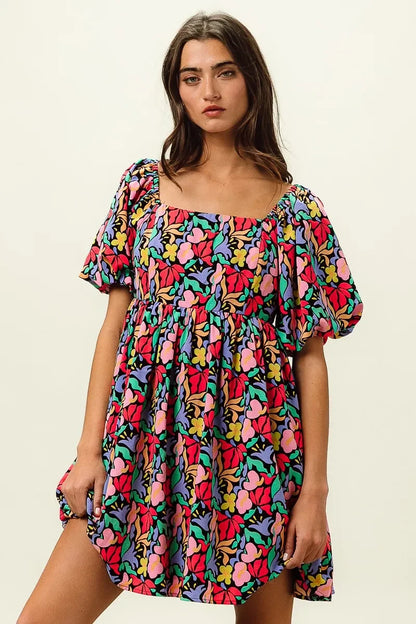 Floral Print Puff Square Neck Dress - Eva's Edition