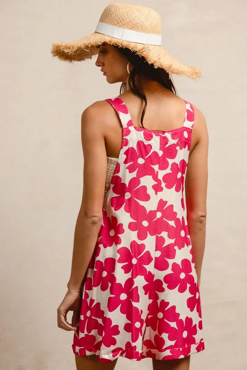 Floral Prints Tuck Detail Short Overall With Pockets - Eva's Edition