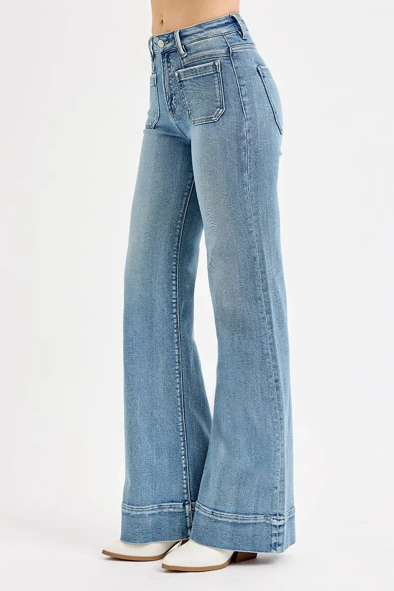 High Rise Wide Flare Patch Pocket Jeans Plus Size - Eva's Edition