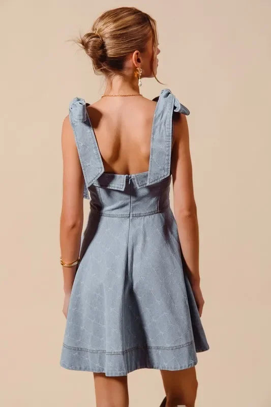 Diamond Bow Ribbon Denim Dres - Eva's Edition