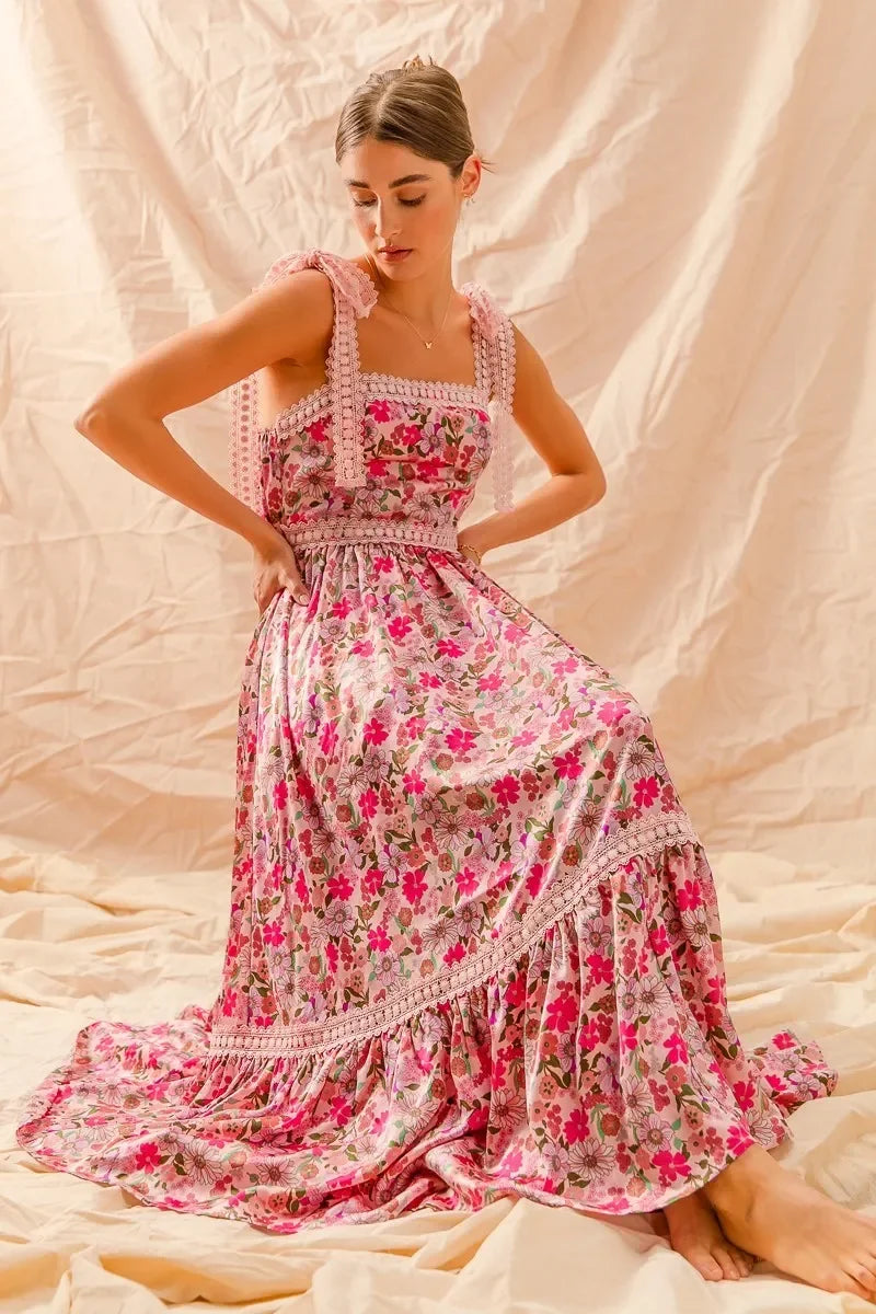 Floral Maxi Dress With Ribbon Tie Lace Strap - Eva's Edition