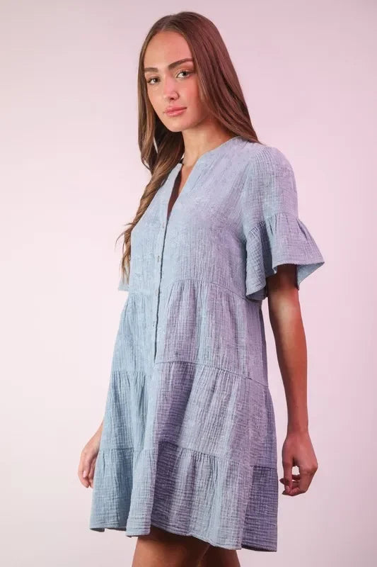 Mineral Washed Baby Bell Sleeve Woven Mini Dress - Eva's Edition