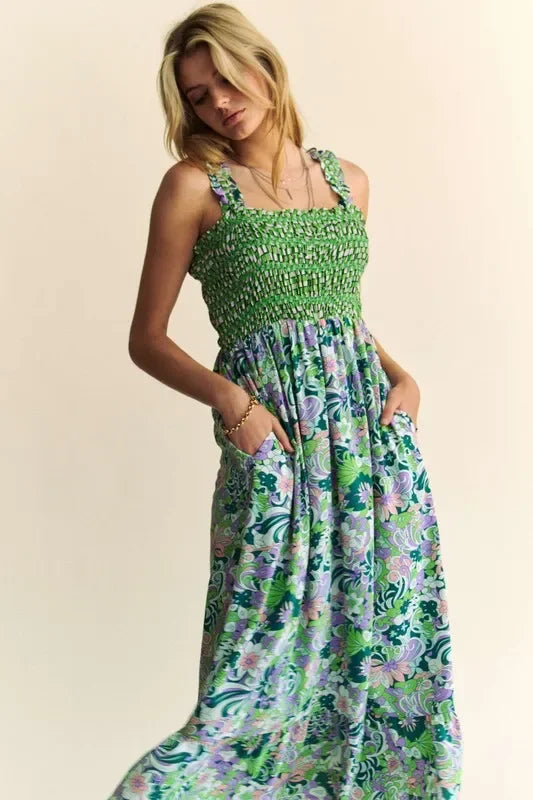 Multi Smocked Bodice Geo Ruffle Strappy Midi Dress - Eva's Edition
