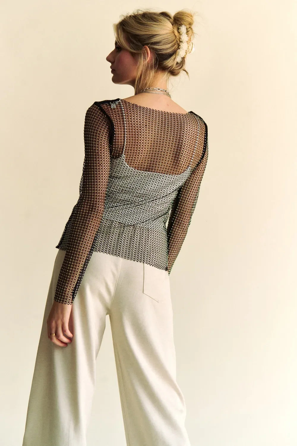 Sparkling Rhinestone Sheer Mesh Round Neck Top - Eva's Edition