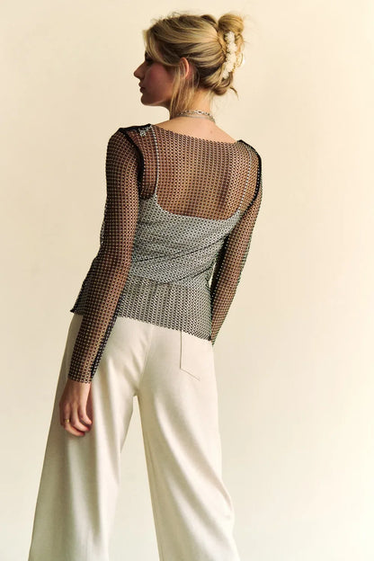 Sparkling Rhinestone Sheer Mesh Round Neck Top - Eva's Edition