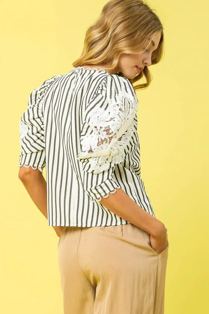 Striped Lace Puff Sleeve Blouse - Eva's Edition