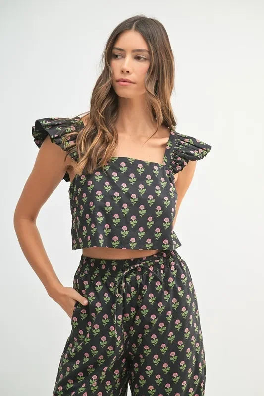 Floral Print Ruffle Top and Pants Set - Eva's Edition