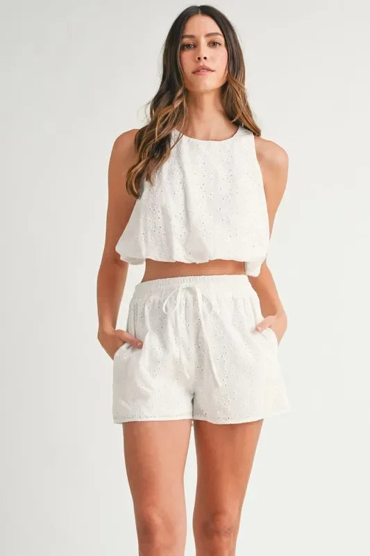 Eyelet Bubble Hem Sleeveless Top and Shorts Set - Eva's Edition