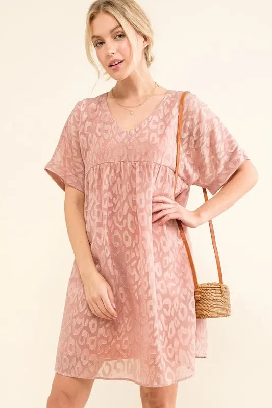 Woven Leopard Baby Doll Roll-Sleeve Casual Dress - Eva's Edition