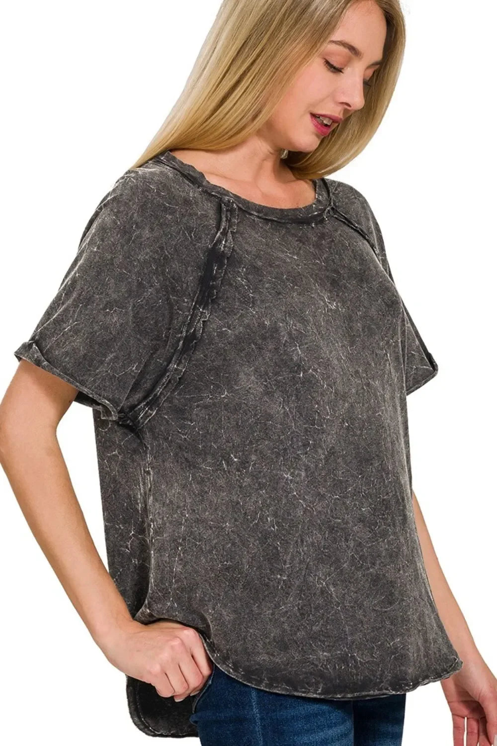 Back Patch Crinkle Washed Raglan Sleeve T-Shirts - Eva's Edition