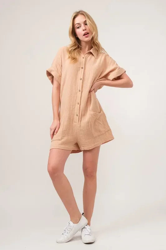 Gauze Roll-up Sleeve Comfort Utility Romper - Eva's Edition