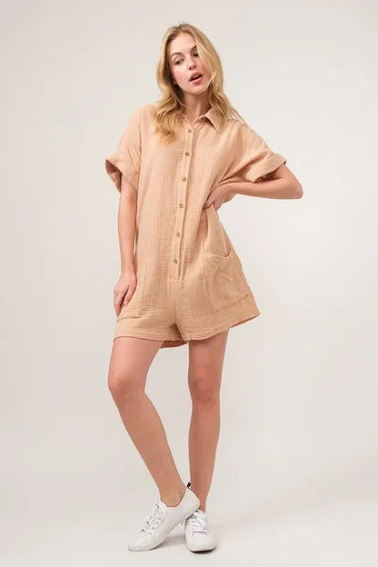 Gauze Roll-up Sleeve Comfort Utility Romper - Eva's Edition